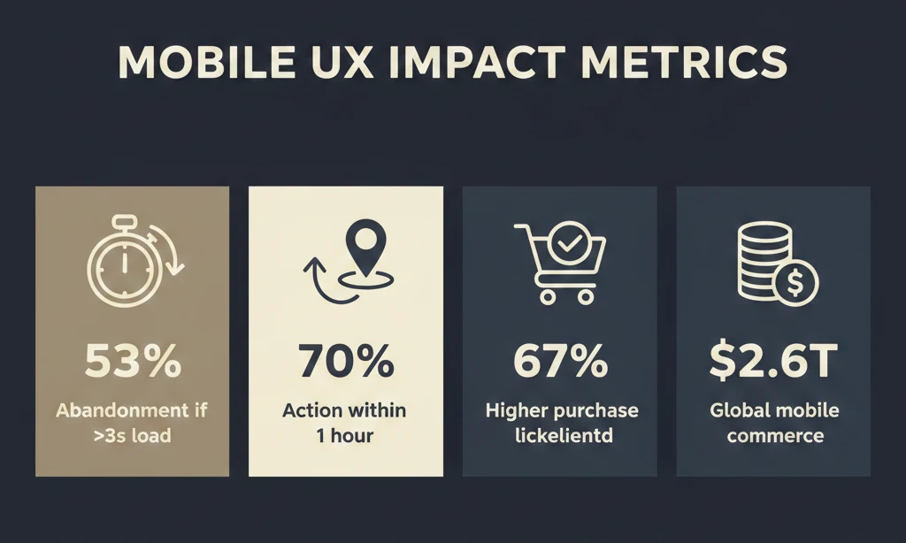 Mobile UX statistics - 53% abandon slow sites, 70% take action within 1 hour, 67% higher purchase likelihood on mobile-friendly sites, $2.6 trillion mobile commerce revenue